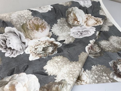 Dekostof - romantiske ecru farvede blomster på en grålig bund, rest på 2 m